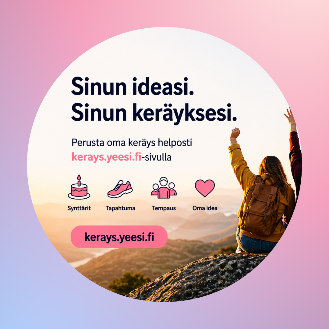Vaalea kuvituskuva, jossa taustana maisema vuorenrinteeltä alas laaksoon. Tekstinä kuvassa: Sinun ideasi. Sinun keräyksesi. Perusta oma keräys helposti kerays.yeesi.fi -sivulla.