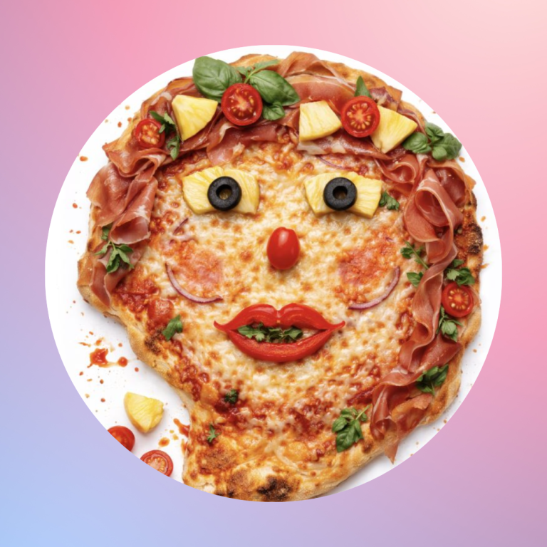 Kasvoiksi koristeltu pizza, jossa silmät, huulet ja hiukset on tehty pizzatäytteistä.